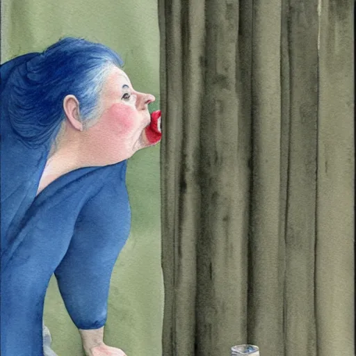 Prompt: a very funny comic style watercolor painting of a sweet fat old woman kissing her reflection. symmetrical face, red mouth, blue eyes. a flowered dress. a hyper - realistic scene. 3 d, octane processing, deep focus, white scene. a very funny and sweet picture. unreal engine. watercolor. fellini cinematic style. poster quality. freud painting style.