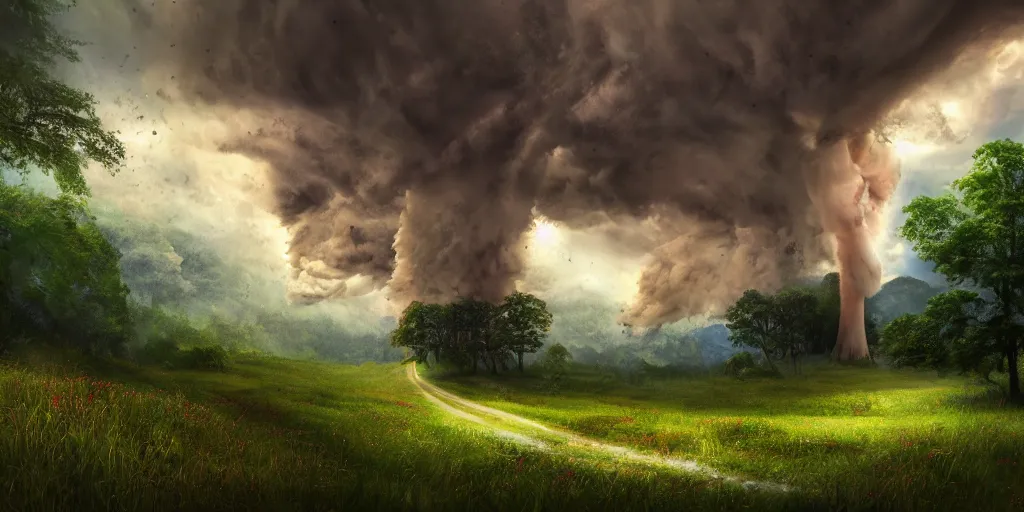 Image similar to A tornado in a beautiful scenic landscape, nature, trees, colorful, wide angle, super highly detailed, professional digital painting, artstation, concept art, smooth, sharp focus, no blur, no dof, extreme illustration, Unreal Engine 5, Photorealism, HD quality, 8k resolution, cinema 4d, 3D, beautiful, cinematic, art by artgerm and greg rutkowski and alphonse mucha and loish and WLOP
