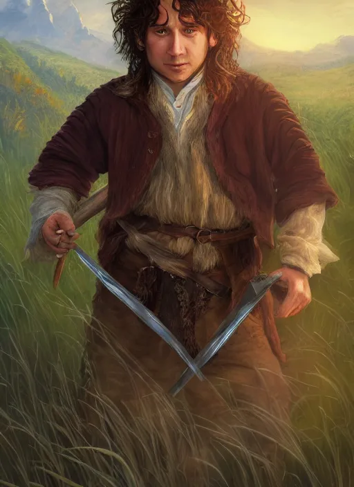 Prompt: A fantasy portrait painting of a male hobbit wearing leather armor on a beautiful meadow, DAZ, hyperrealistic, ambient light, dynamic light, trending on artstation, d&d, RPG portrait