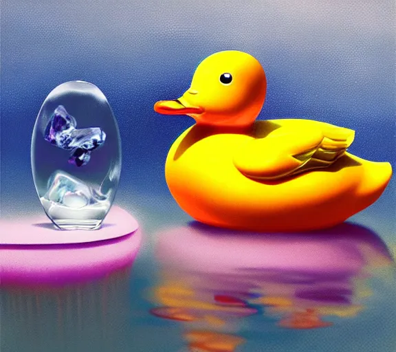 Image similar to shiny gemstone in the shape of a rubber duck floating in a pool of perfume, photorealism, mystical, enigmatic, digital oil painting, trending on artstation