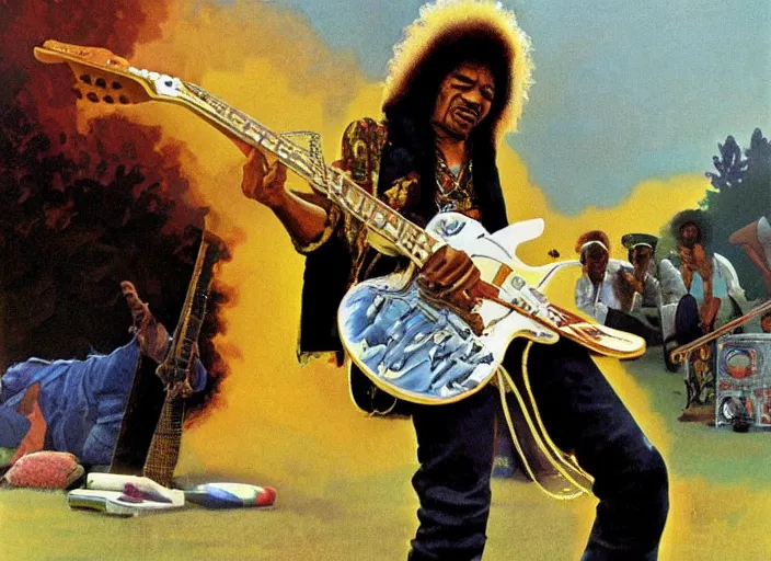 Prompt: jimi hendrix performing at woodstock illustrated by ralph mcquarrie