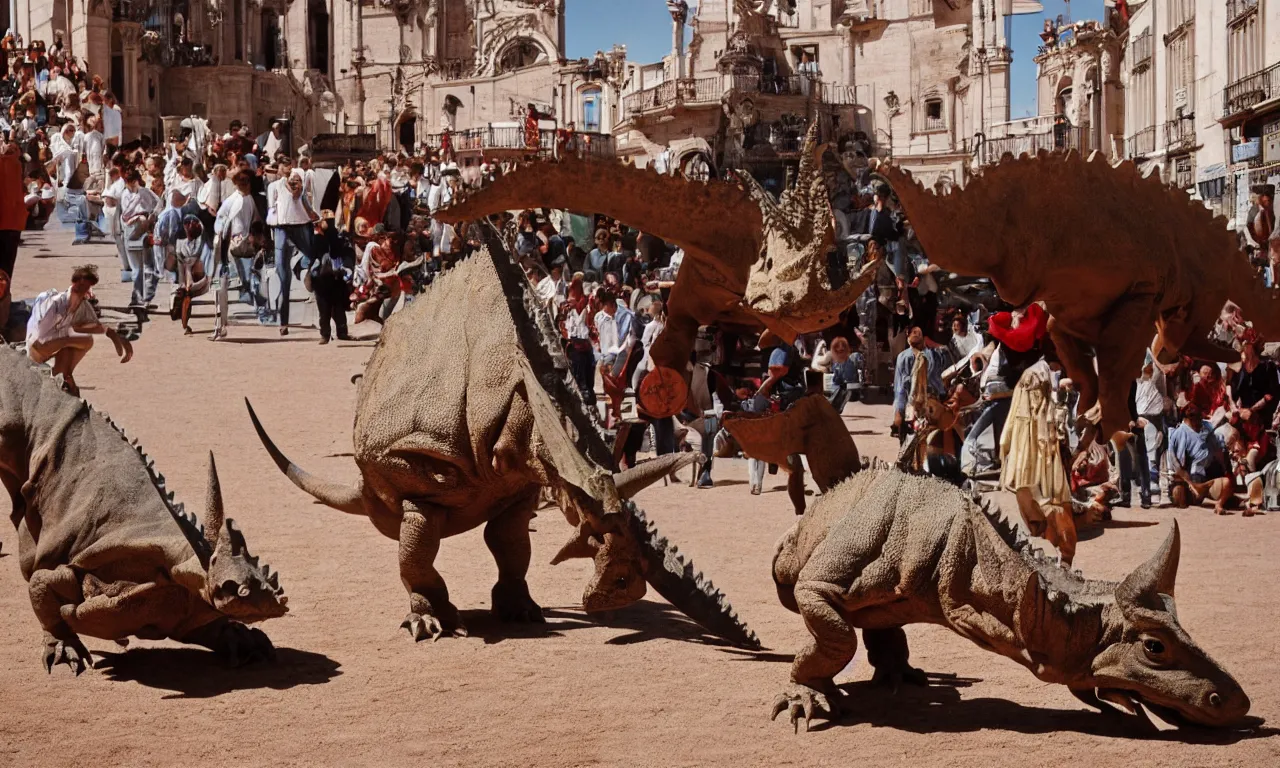 Prompt: a troubadour facing off against a horned dinosaur in the plaza de toros, madrid. long shot, midday sun, kodachrome