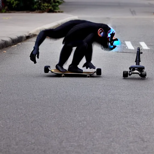 Prompt: a chimpanzee wearing a backwards cap skateboarding on a street