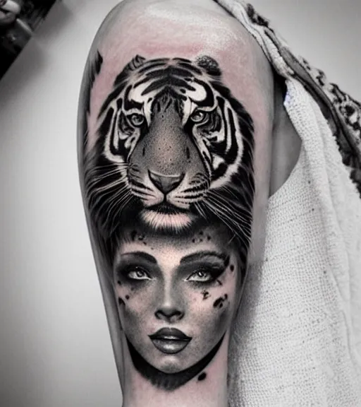 Image similar to tattoo design on white background of a beautiful girl warrior under a tiger head, hyper realistic, realism tattoo, by eliot kohek, beautiful eyes, realistic face, black and white