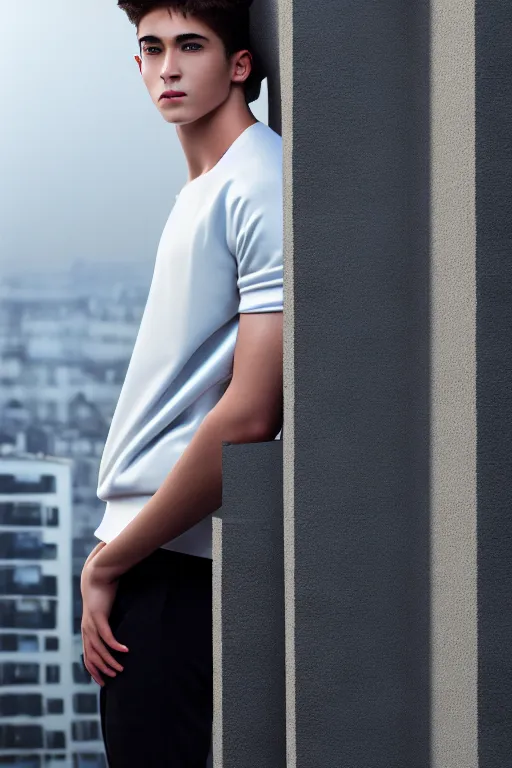 Image similar to un ultra high definition studio quality photographic art portrait of a young man standing on the rooftop of a british apartment building wearing soft padded silver pearlescent clothing. three point light. extremely detailed. golden ratio, ray tracing, volumetric light, shallow depth of field. set dressed.