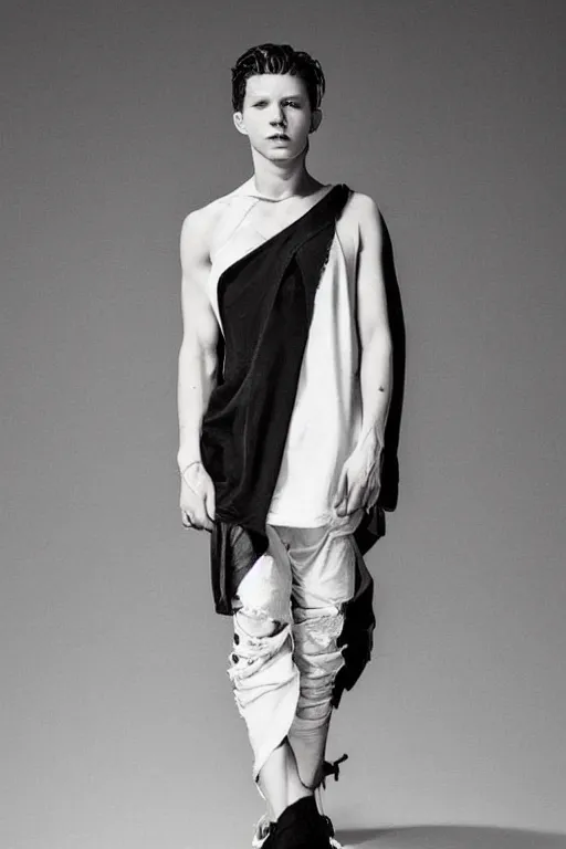 Prompt: tom holland, portrait of a tom holland wearing rick owens clothing, rick owens drkshdw, darkwear look and clothes, we see them from feet to head, highly detailed and intricate, luxury, outfit photo, trending on r / streetwear, detailed face