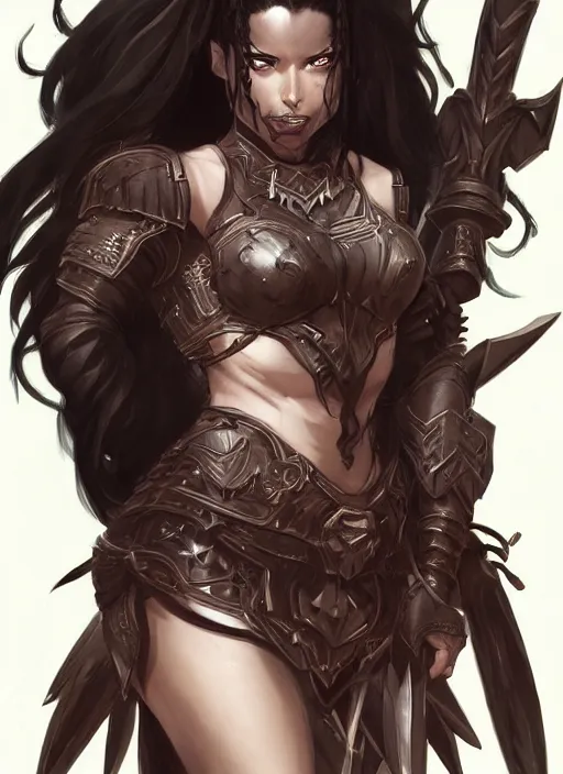 Image similar to beautiful warrior lady, black long hair, practical armor, brown skin, demonic eyes, low fantasy, extremely detailed, sharp focus, smooth, digital illustration, by rossdraws, frank franzzeta, sakimichan