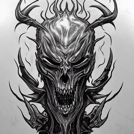 Image similar to diablo lord of terror, engulfed in flames, full body shot, detailed greyscale tattoo by Dmitriy Tkach