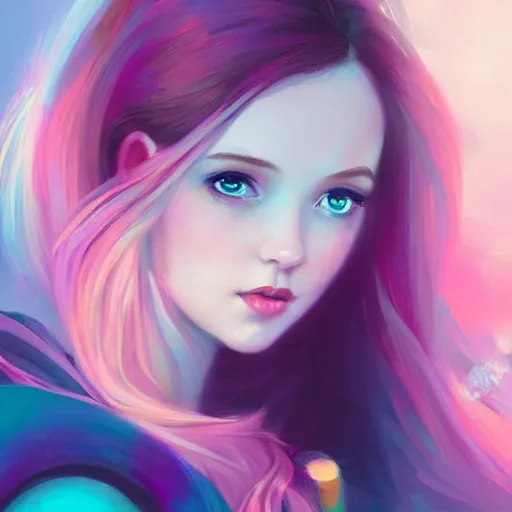 Image similar to colorful and festive captivating teenager girl with pink hair, cyan top crop, black skirt, black leggings, cute look. rich vivid colors, ambient lighting, dynamic lighting, 4 k, atmospheric lighting, painted, intricate, highly detailed by charlie bowater