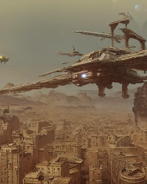 Image similar to alien gunship flying over small town, vintage old, retrofuturism sci - fi old movie, highly detailed, photorealistic, 8 k, by beksinski and stalenhag