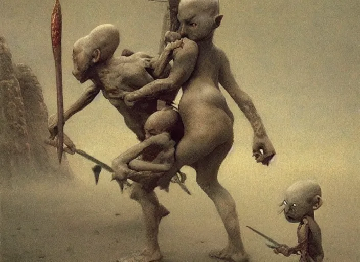 Image similar to bald barbarian girl fighting small cute goblins by Beksinski