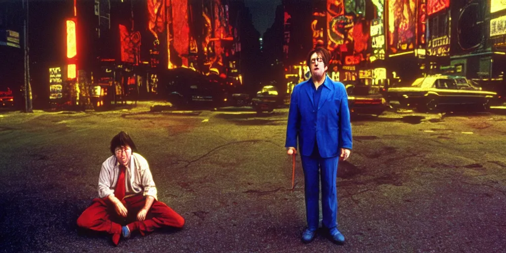 Prompt: award winning photo of BILL HICKS TRIPPING ON LSD in new york, vivid colors, happy, symmetrical face, beautiful eyes, studio lighting, wide shot art by gregory crewdson