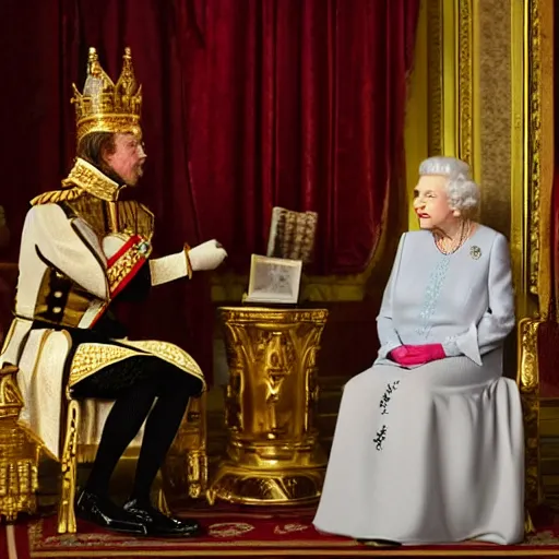 Prompt: Queen Elizabeth interviewed by a noble merchant, ultrarealistic