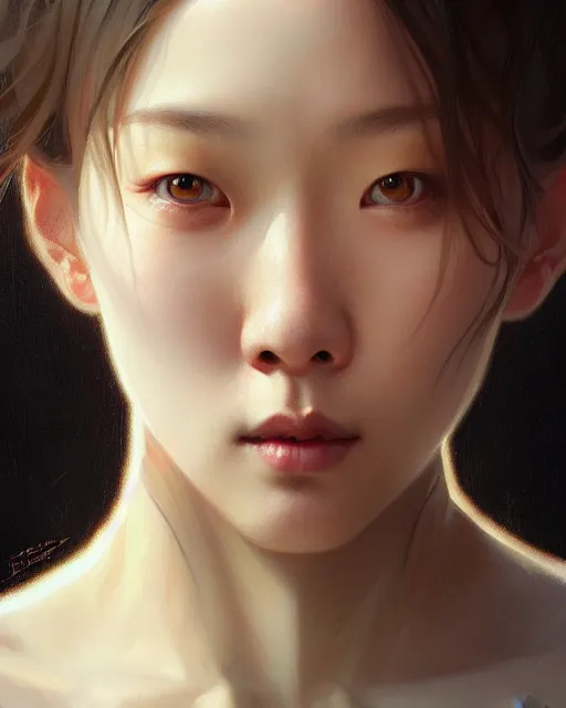 Image similar to Close-up portrait of half-korean, half-nordic girl, portrait, highly detailed, digital painting, artstation, concept art, sharp focus, illustration, art by artgerm and greg rutkowski and alphonse mucha