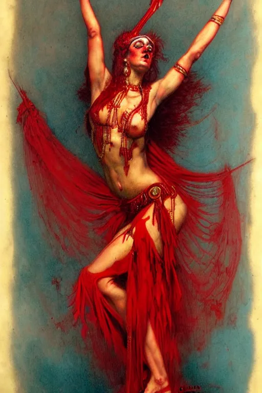 Prompt: red and turquoise raving bellydancer in the style of wayne barlowe, gustav moreau, goward, bussiere, roberto ferri, santiago caruso, luis ricardo falero, austin osman spare