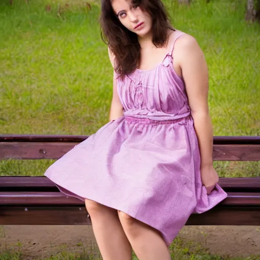 Prompt: dslr, milena d sunna wearing a dress, sitting on a bench, elegant, beautiful, amazing detail, real photo, real camera, 8 k