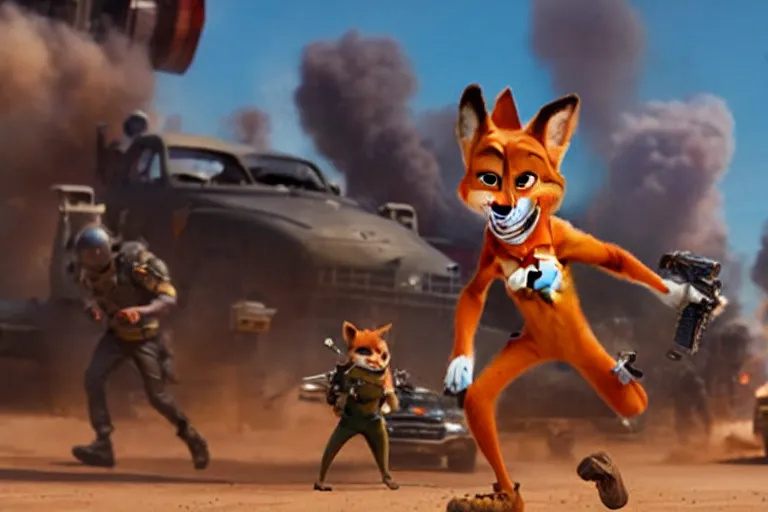 Image similar to nick wilde ( from zootopia ), heavily armed and armored facing down armageddon in a dark and gritty reboot from the makers of mad max : fury road