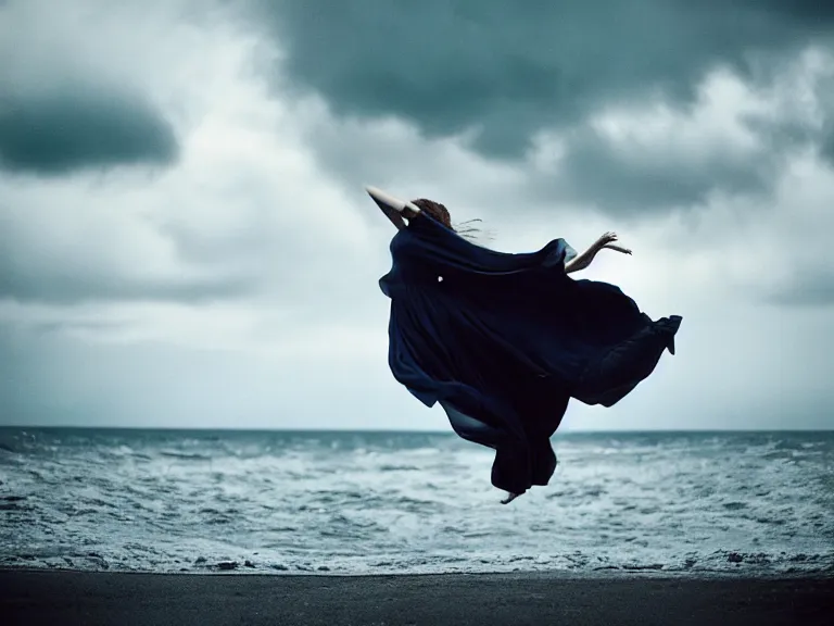 Image similar to cinestill 5 0 d photography of a woman britt marling 3 / 4 style of nicholas fols, 2 0 0 mm, dress in voile, hair like dark clouds floating on air, mute dramatic colours, soft blur outdoor stormy sea background, volumetric lighting, hyperdetailed, hyperrealistic