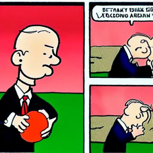 Image similar to a cartoon of joe biden pulling away the nuclear football before trump can kick it, cartoon in the style of peanuts by charles schulz