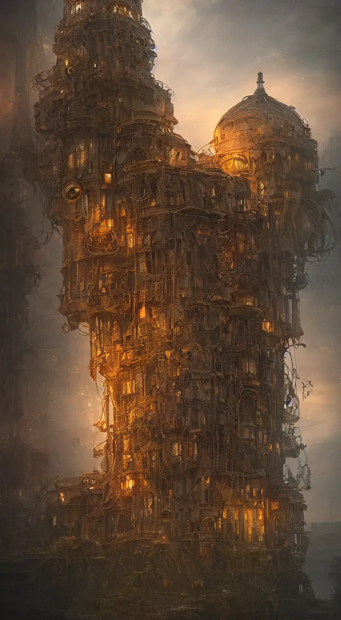 Prompt: steampunk building that resembles steampunk man o war jellyfish, james gurney, thomas kinkade, cinematic lighting, artstation, vibrant nature, tuomas korpi, tekkon kinreet, volumetric light, artstation, octane render, redshift render, low angle camera, rich deep moody colors