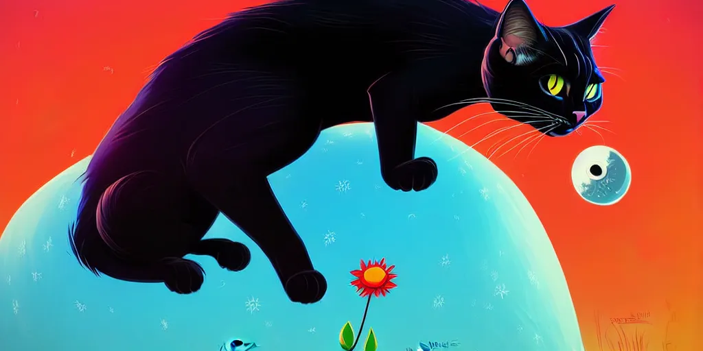 Prompt: curved perspective, extreme narrow, extreme fisheye, digital art of a big female black cat with white spot with blue flower by anton fadeev from nightmare before christmas