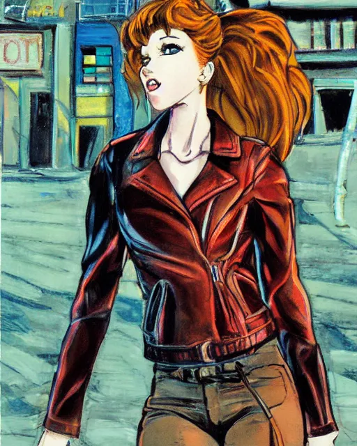 Image similar to young female protagonist in leather jacket, city street, artwork by ralph bakshi