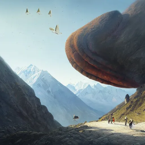 Prompt: Crowd surrounds giant duck flying over mountains, mountain landscape, Himalayas, 4k, art by Greg Rutkowski