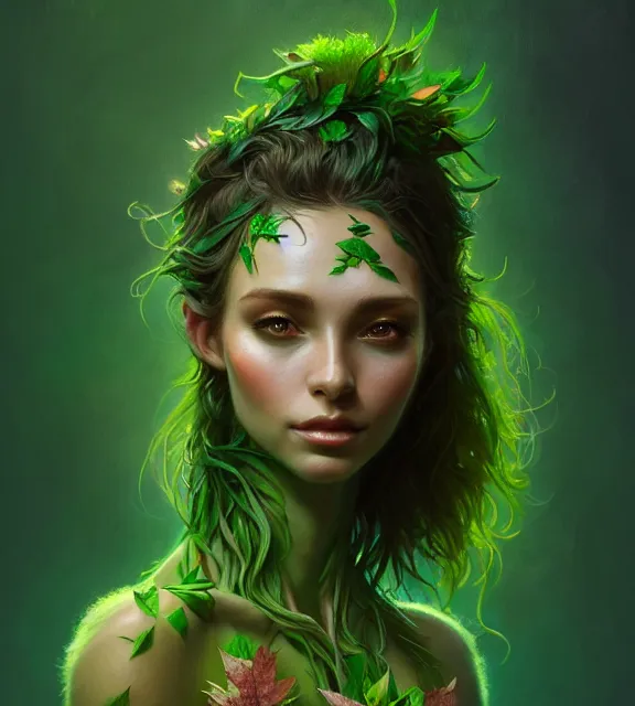 Image similar to beautiful female ent with bark skin wearing green leaf halter top, perfect face, dark green leaf hair, with abs, cinematic, blush, stunning, elegant, highly detailed, psychedelic, digital painting, artstation, smooth, hard focus, illustration, art by jessica rossier and and brian froud