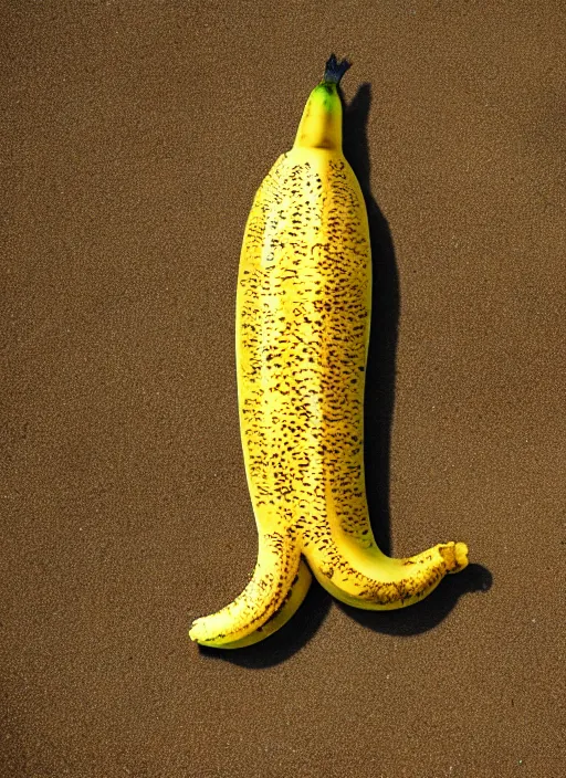 Image similar to godzilla as a banana on the sand of a beach