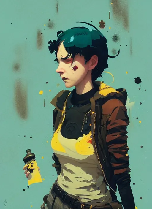 Image similar to highly detailed portrait of a moody sewerpunk young adult lady by atey ghailan, by greg rutkowski, by greg, tocchini, by james gilleard, by joe fenton, by kaethe butcher, gradient yellow, black, brown and cyan color scheme, grunge aesthetic!!! ( ( graffiti tag city background ) )