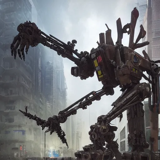 Prompt: six feet tall mech fighting in an urban environment, by gaudi, by giger, by ismail inceoglu, octane render, by weta digital, cinematic lighting, bump mapped, lumen reflections, ambient occlusion, action scene screenshot, epic scale, trending on artstation