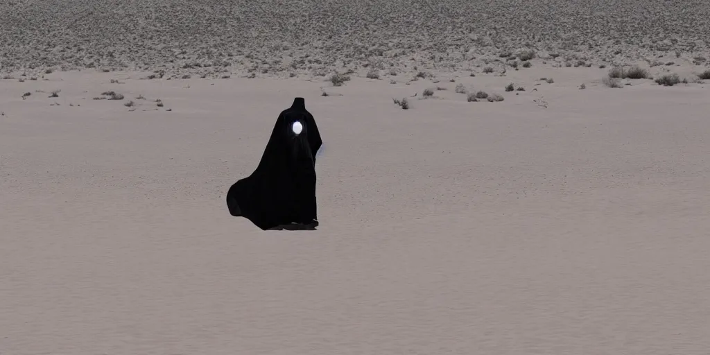 Prompt: a walker with a cloak walking in a desert where a mirage is taking place