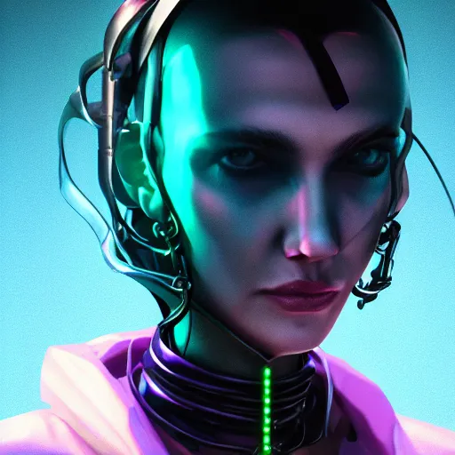 Image similar to headshot artwork of a cyberpunk woman wearing thick steel choker around neck, 4K, detailed face, collar on neck, realistic, artstation, neon purple,