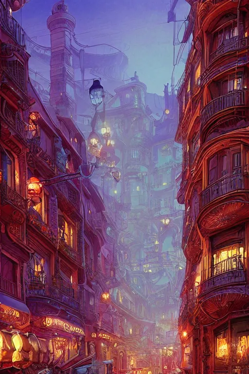 Prompt: insane perspective of colorful street vue from steampunk paris, intricate details, realistic shaded ,, highly detailed, artstation, painting by François Schuiten and moebius, disney fantasy style, volumetric light, neon lights, cinematic mood