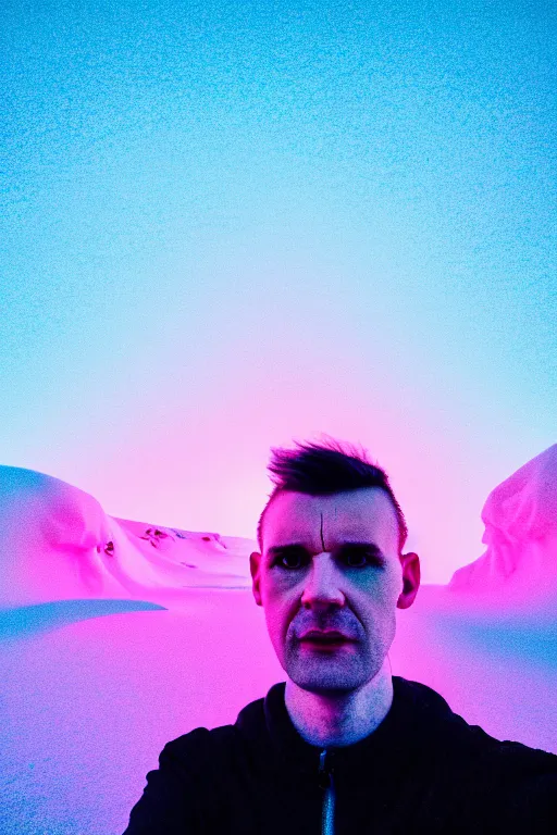 Prompt: high quality pastel coloured film wide angle selfie photograph of a plain looking male with cyber enhancement standing in an icelandic black rock environment. sarcastic expression. three point light. photographic. art directed. pastel colours. volumetric light. stark. waves glitch. 8 k. filmic.
