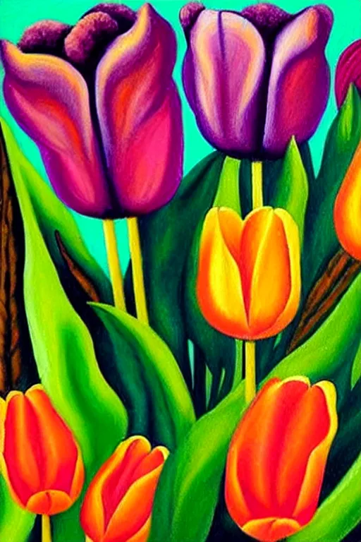 Image similar to a colorful painting of a side view of a tulip in with roots going deep into the ground in the stale of frida kahlo with the colors of mexico