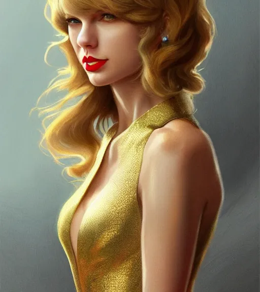 Image similar to taylor swift wearing a golden dress, grey hair, red necktie, cinematic, stunning, highly detailed, digital painting, artstation, smooth, hard focus, full body shot, illustration, art by artgerm and greg rutkowski and alphonse mucha