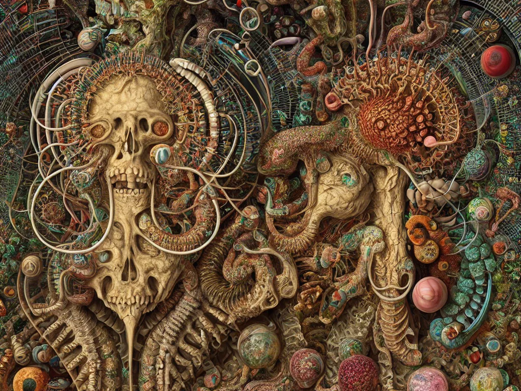 Image similar to humans eating youself in ancient city art by ernst haeckel, fractal, hypermaximalism unreal render engine 8 k