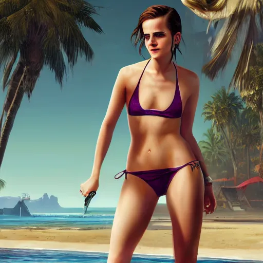 Image similar to highly detailed painting of emma watson wearing a bikini in los santos, gta 5 cover art, stephen bliss, 8 k, by greg rutkowski, artgerm, global illumination, radiant light, detailed and intricate environment