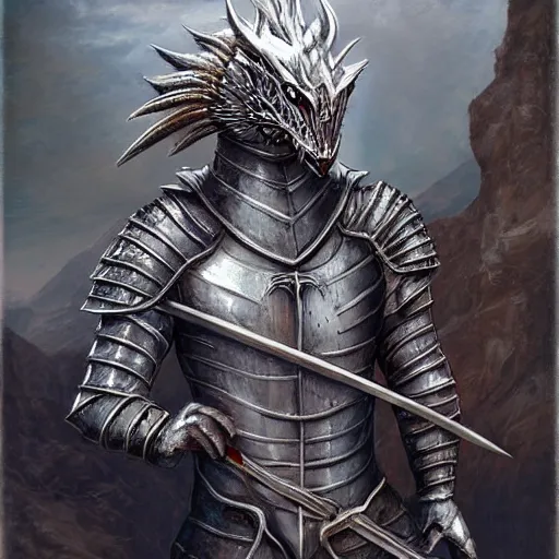 Image similar to anthro silver dragon wearing a medieval armor, holding a sword, digital art, fantasy art, matte painting, renaissance painting