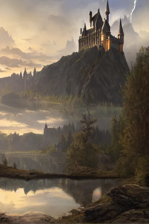 Prompt: epic Hogwarts castle, view from the lake, early morning, matte painting, by Isaac Levitan and Asher Brown Durand