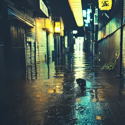 Prompt: a rainy cyuberpunk neo tokyo alley with a black cat sleeping on the wet floor, photo, 4 k