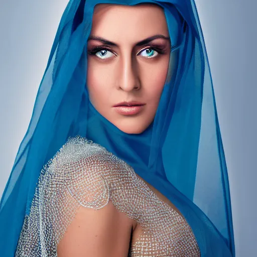 Prompt: Arab young Monica Belluci, tanned skintone, bright blue eyes, white transparent veil, glare face, light blue dress portrait