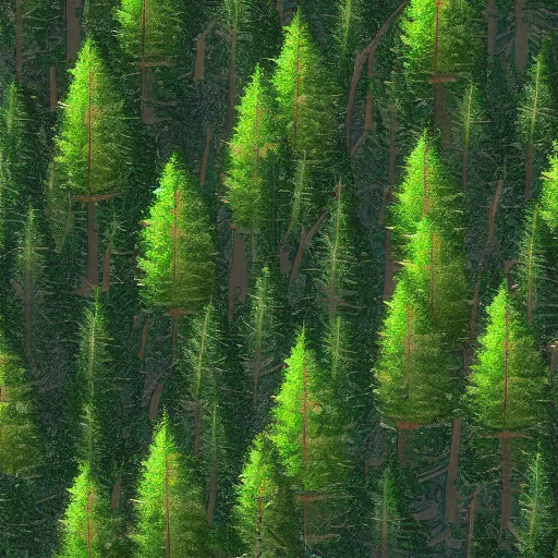 Prompt: a dense forest, brush and flowers on the forest floor, pine and spruce trees. Lighting, thick, painted, nvidia demo, point of view, dark, rays of light peeking through the leaves, symmetrical, detail.