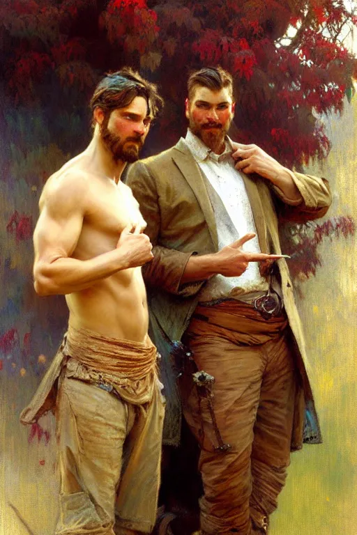 Image similar to 2 attractive men, painting by gaston bussiere, craig mullins, greg rutkowski, alphonse mucha