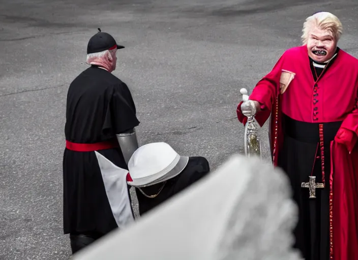 Prompt: photo still of rip taylor at the popes funeral!!!!!!!! at age 5 4 years old 5 4 years of age!!!!!!! throwing confetti from a bucket at the grave, 8 k, 8 5 mm f 1. 8, studio lighting, rim light, right side key light