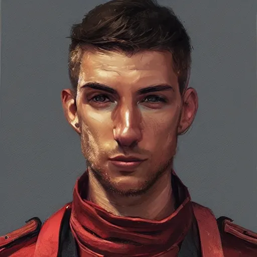 Prompt: Portrait of a man by Greg Rutkowski, he is about 20 years old, copper short hair, his features are a mix between Scottish and Arabian, strong and tall, older brother vibes, he is wearing utilitarian red and black jumpsuit, highly detailed portrait, digital painting, artstation, concept art, smooth, sharp foccus ilustration, Artstation HQ.