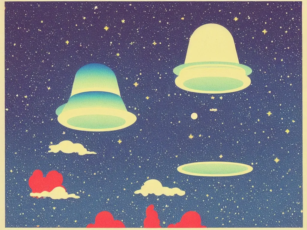 Prompt: the perfect ufo flying in space, squirting bright fluorescent liquid and small reflecting rainbow stars, flat design, screen print by Kawase Hasui and ito jakuchu