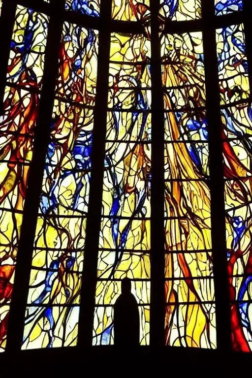 Prompt: still of glass work of walter white in stained glass, scene set in a church, biblical, mythological, by harvey littleton, by vera liskova, by lino tagliapietra, by dale chihuly, beautiful composition