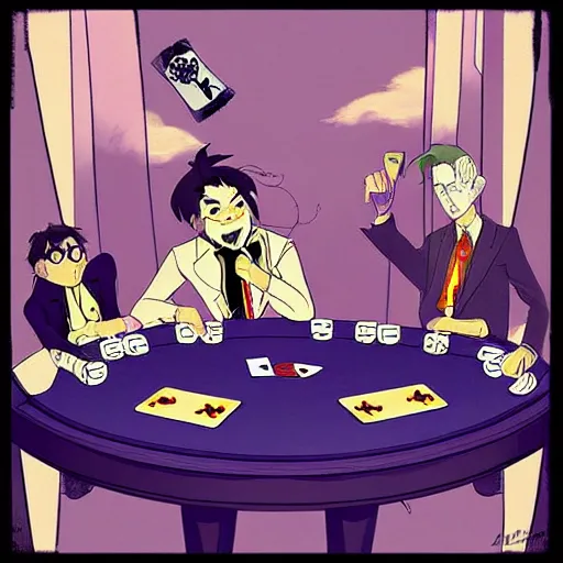 Image similar to joker playing poker with batman, studio ghibli, trending on artstation, high detalied,